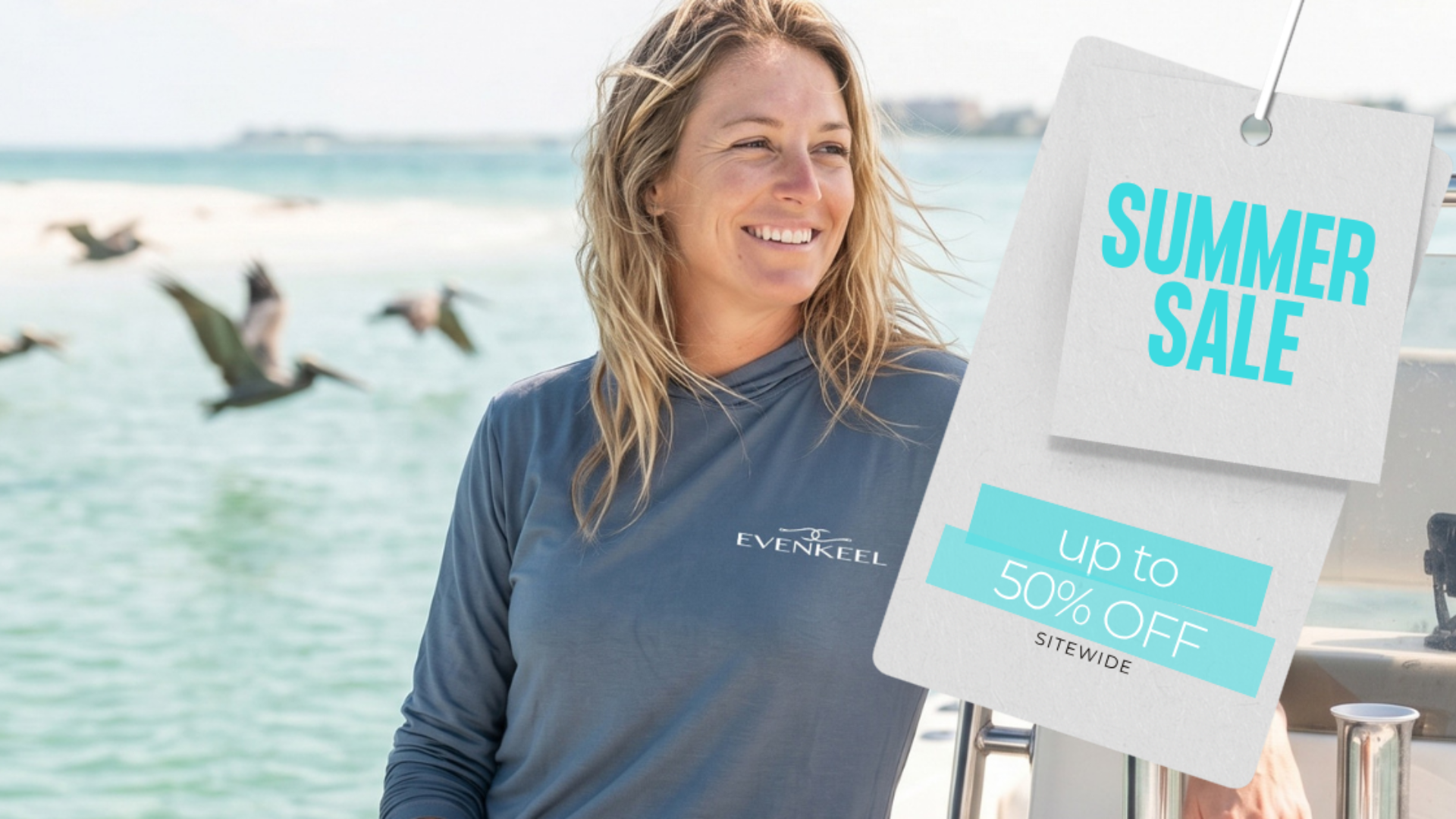 Woman holding a 'Summer Sale' sign with a beach and birds in the background